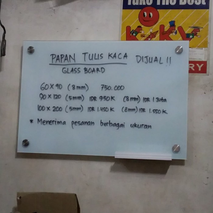 

TERLARIS! papan tulis kaca/glass board 60x90 cm 5mm termurah!!!
