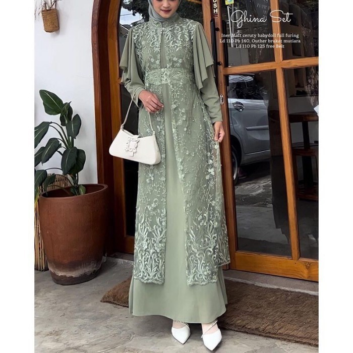 Murah Ghina Set / Setelan Gamis Inner Ceruty Outer Brokat / Gamis Pesta