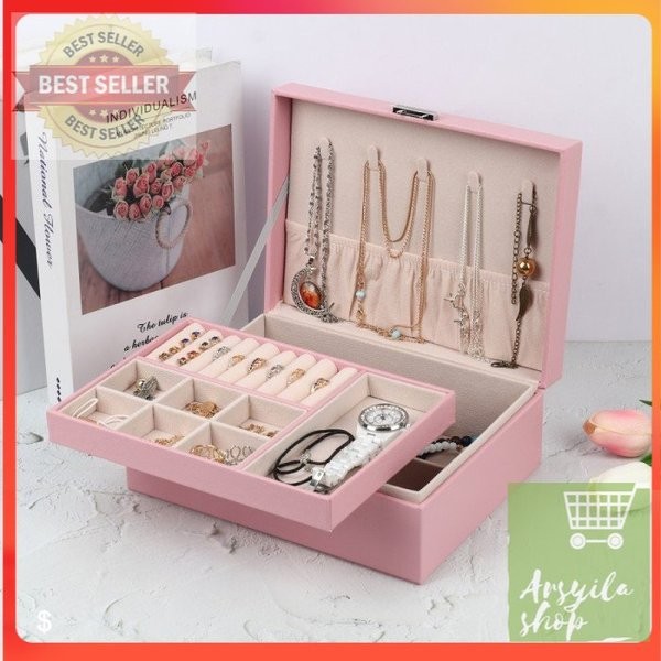 Kotak tempat perhiasan 1111 2 layer waterproof bok wadah penyimpanan organizer emas perak anting kal