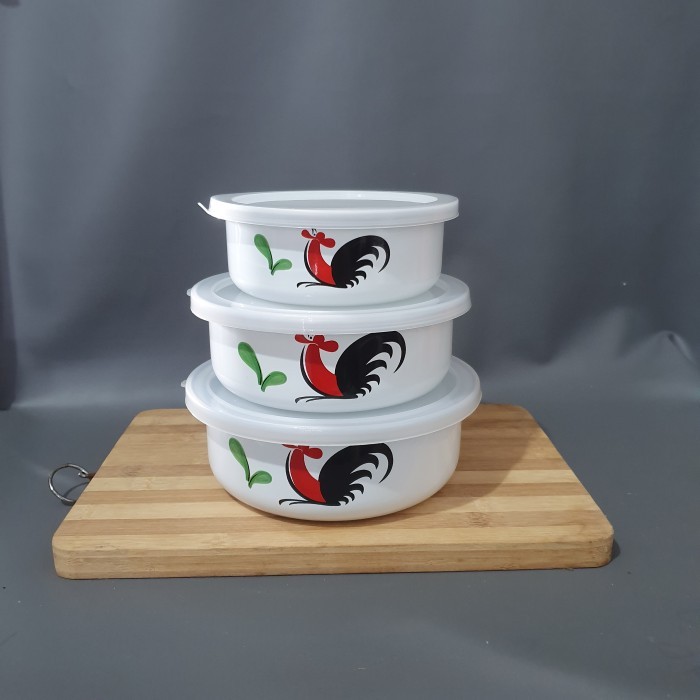 +%+%+%] Rantang Susun 3 Enamel Motif Ayam Kukuruyuk Mixing Bowl Set Jadul
