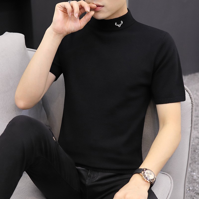 Kaos lengan pendek pria setengah turtleneck musim gugur sweter putih baru rajutan membuat kepribadia