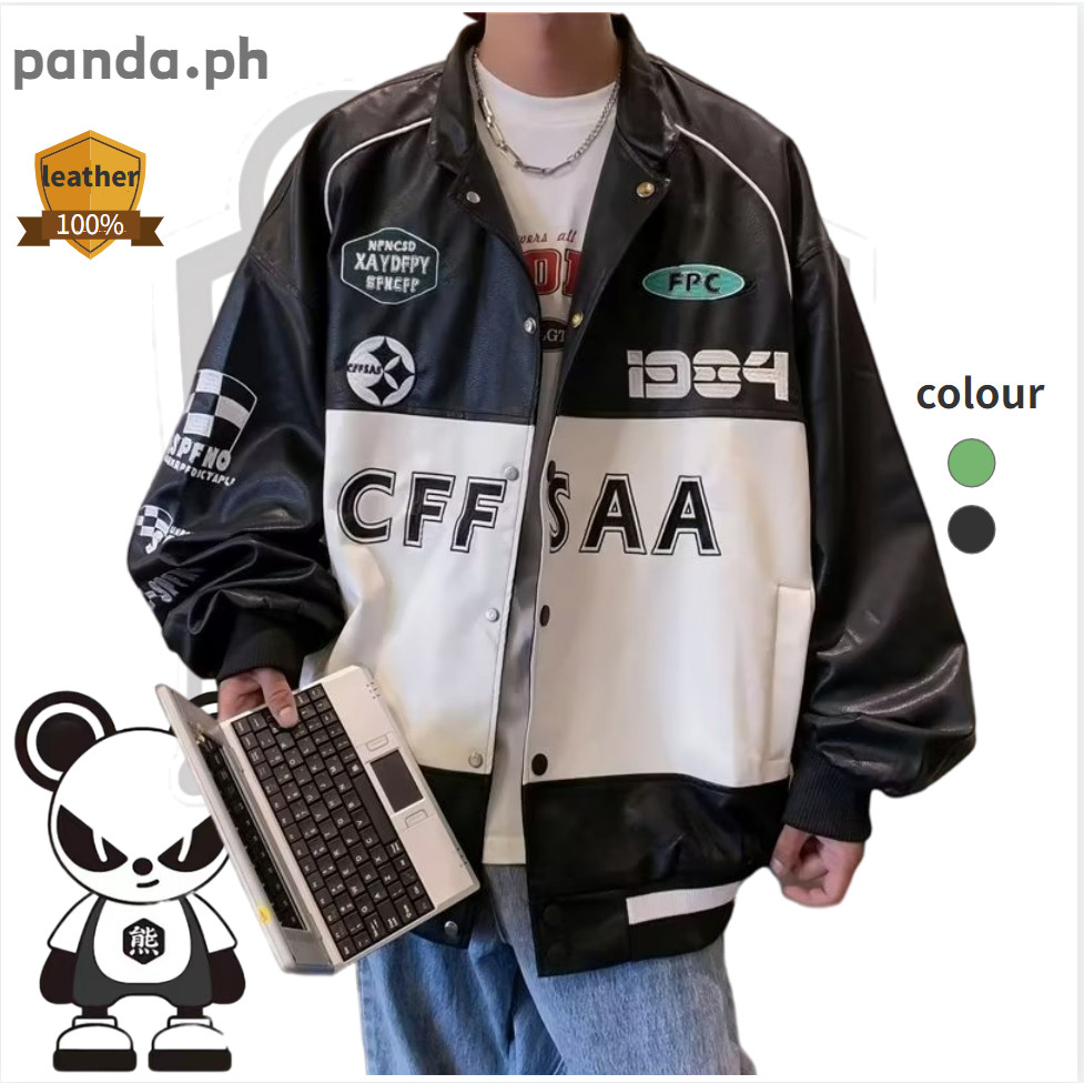 【Panda.ph】Jaket bomber hitam motif huruf, jaket motor pasangan unisex untuk pria, jaket varsity long