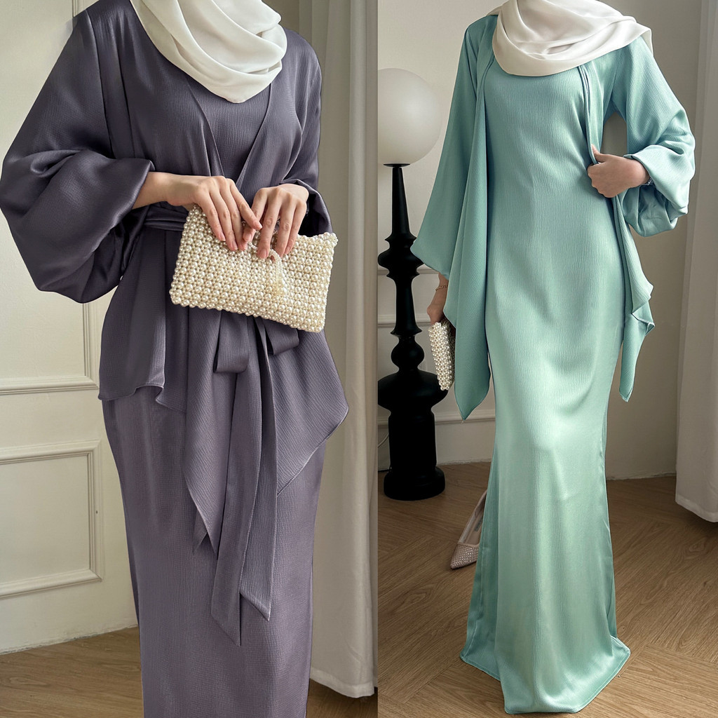 Gaun maxi set 2 potong Abaya Mode Ramadan Dubai Jubah Pesta Warna Polos Islam Arab Pakaian Wanita Ka