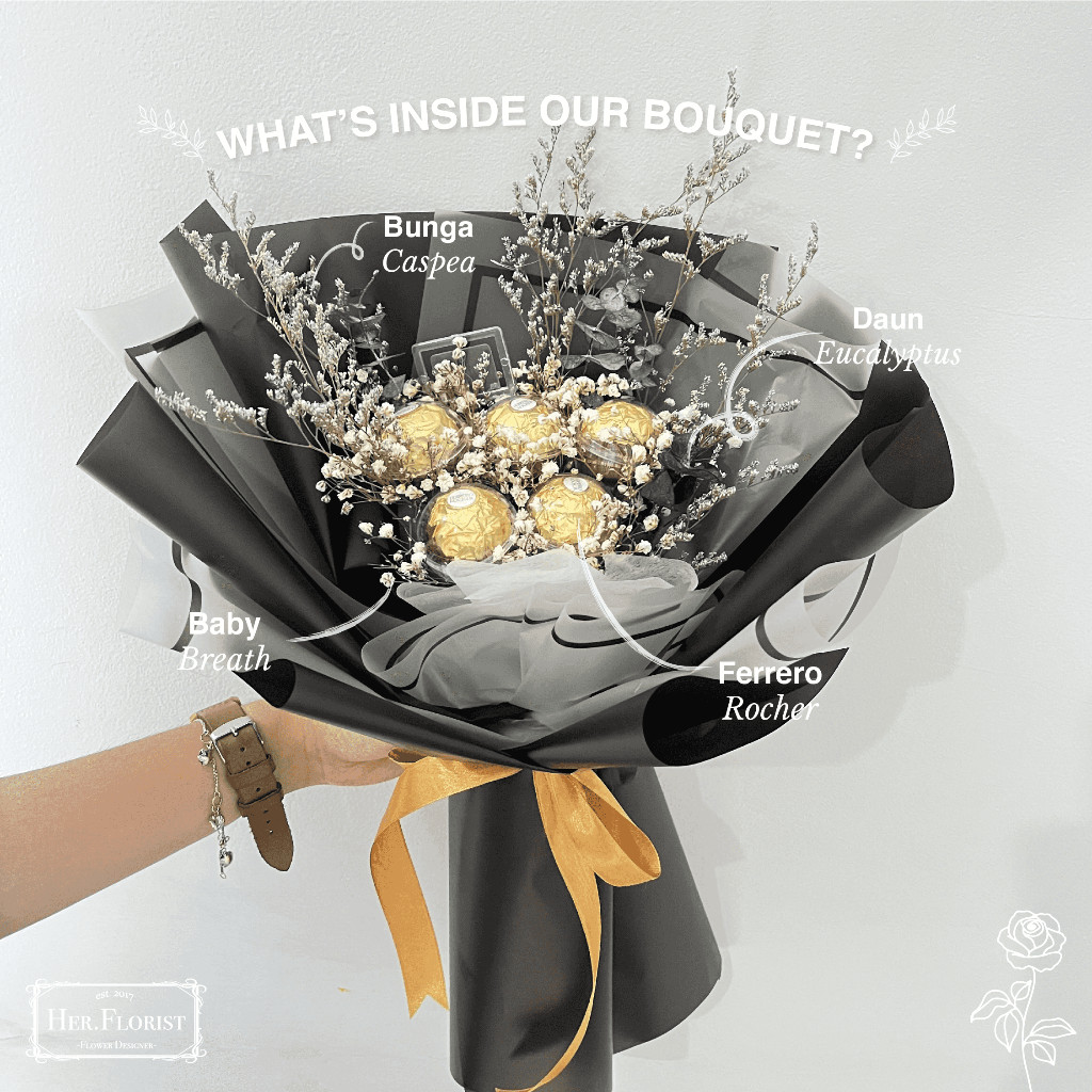 HER.FLORIST 5PCS Ferrero Rocher Buket/ Buket Bunga Baby Breath dan Cokelat Ferrero Rocher