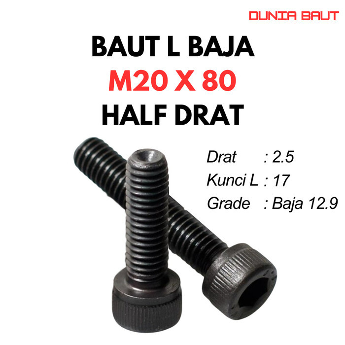 12.9 Baut L Baja M22X80 / 22X80 / M22 X 80 / 22 X 80 HT - Black Hex Socket Head Cap Screw