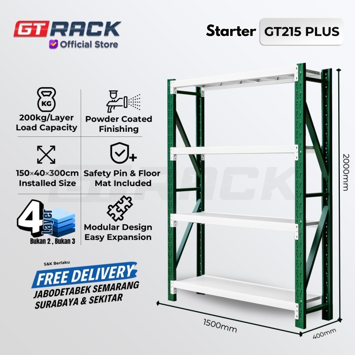 RAK GUDANG BESI GT RACK GT215 PLUS - 200KG 4 SUSUN 2 METER LEBAR 40CM PANJANG 150CM - BARANG TINGKAT