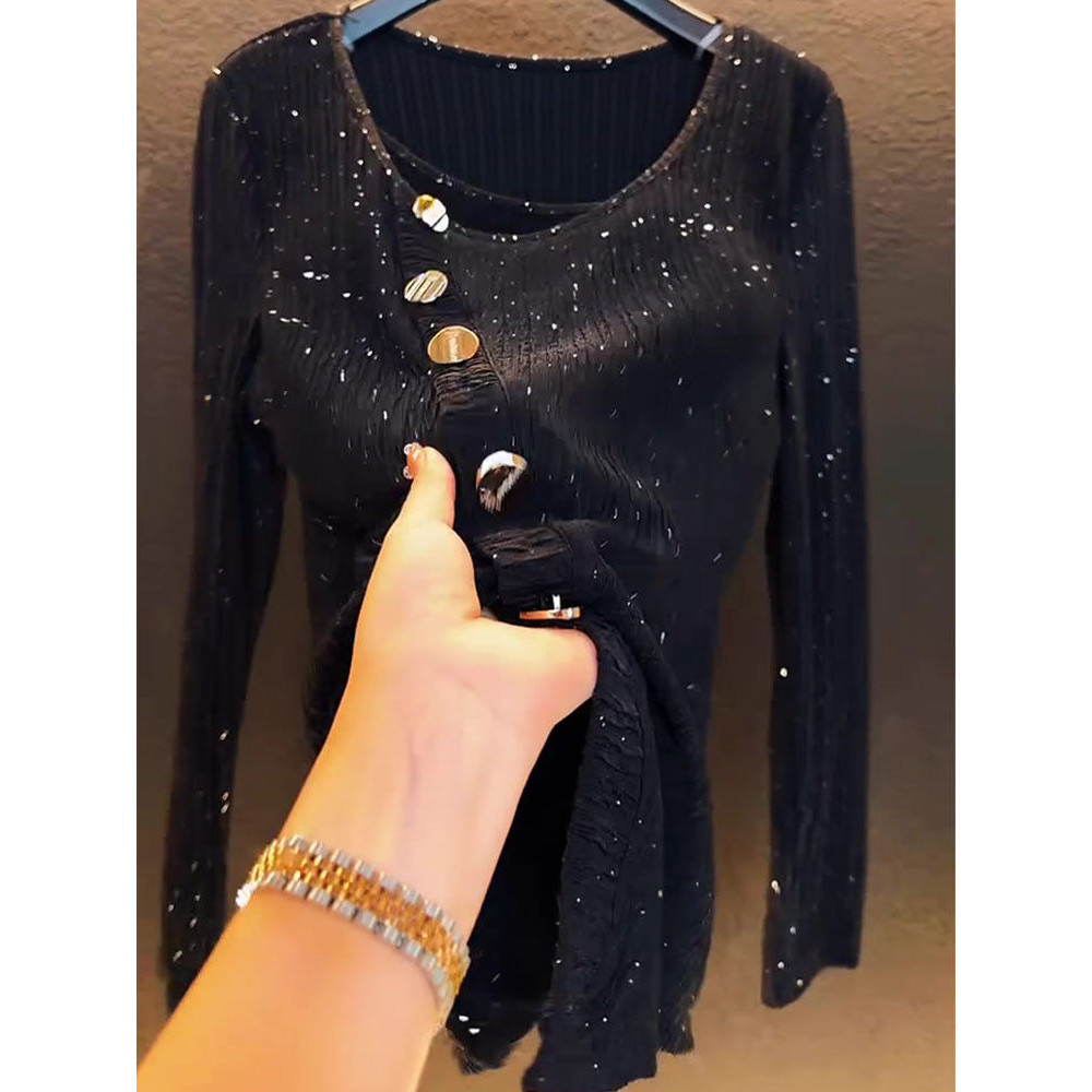 Kemeja Hitam Leher Bulat Lengan Panjang Slim Fit T Baju Kaos