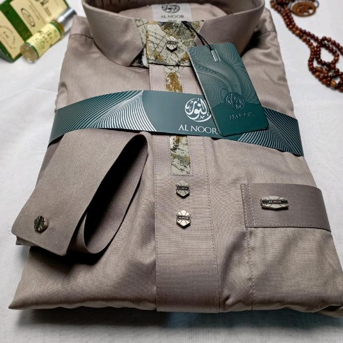 Al Noor Polister Manshet Bordir Motif Muslim Pria Gamis Dewasa Jubah Manset Kancing Panjang
