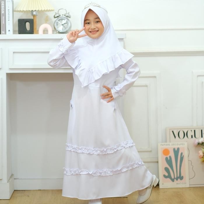 SHAFIRA DRESS GAMIS PUTIH ANAK PEREMPUAN CREPE FREE JILBAB INSTAN 2-14 TAHUN BAJU GAMIS LEBARAN ANAK