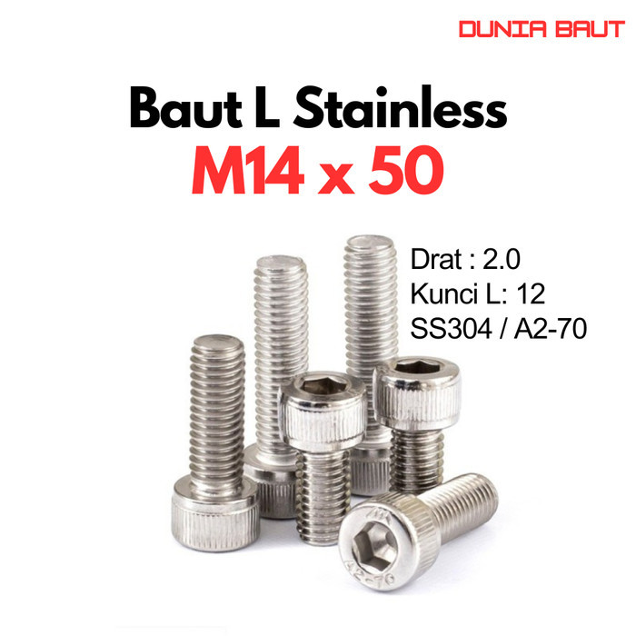 Baut L Stainless M14X50 / 14X50 / M14 X 50 / 14 X 50 Full Drat SS304 / SUS304 / A2-70