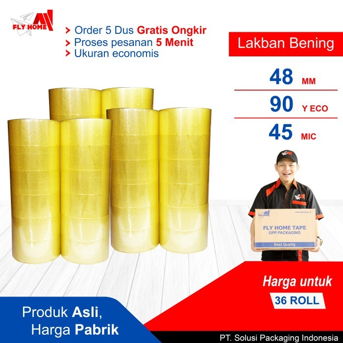 

Produk Viral Flyhome Lakban Bening 90Yard 1/2 Dus 48Mm X 90 Yard 36 Roll Eco Cargo Packing Aman