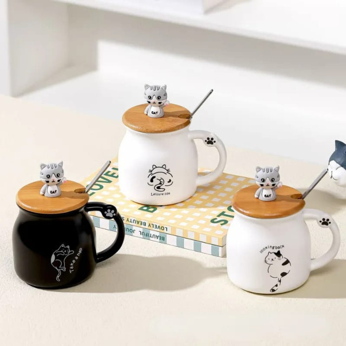 Mug Keramik Kucing dengan Tutup Kayu / Cangkir Keramik Cute Kucing