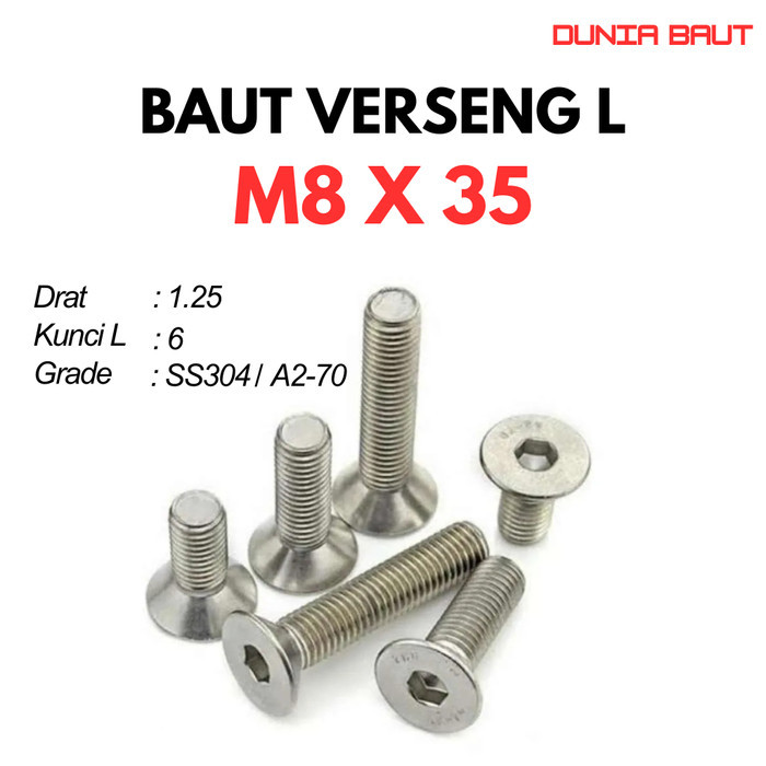 Baut Verseng L M8X35 / Baut JFL 8X35 / Countersunk L M8 X 35 / 8 X 35  - Socket Countersunk Screw St