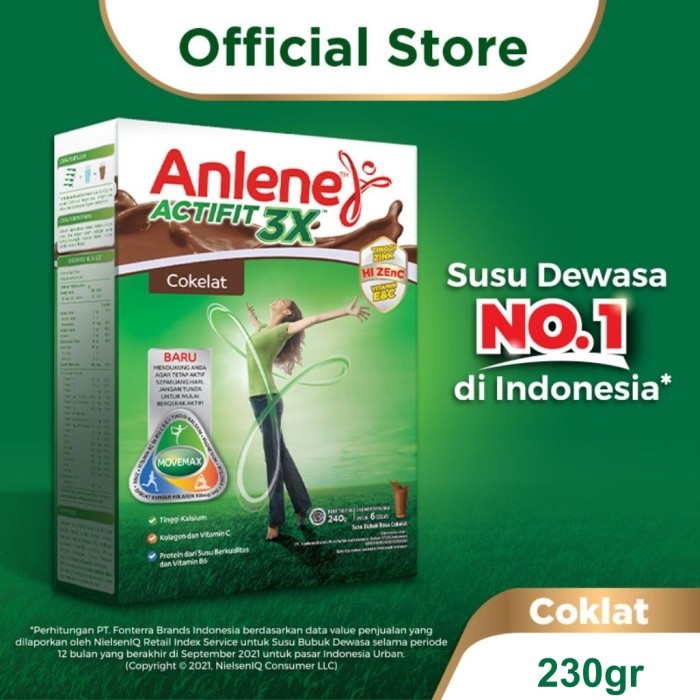 

TERLARIS ANLENE ACTIFIT 3X SUSU BUBUK DEWASA COKELAT 230G - NUTRISI TINGGI KALSIUM UNTUK TULANG,