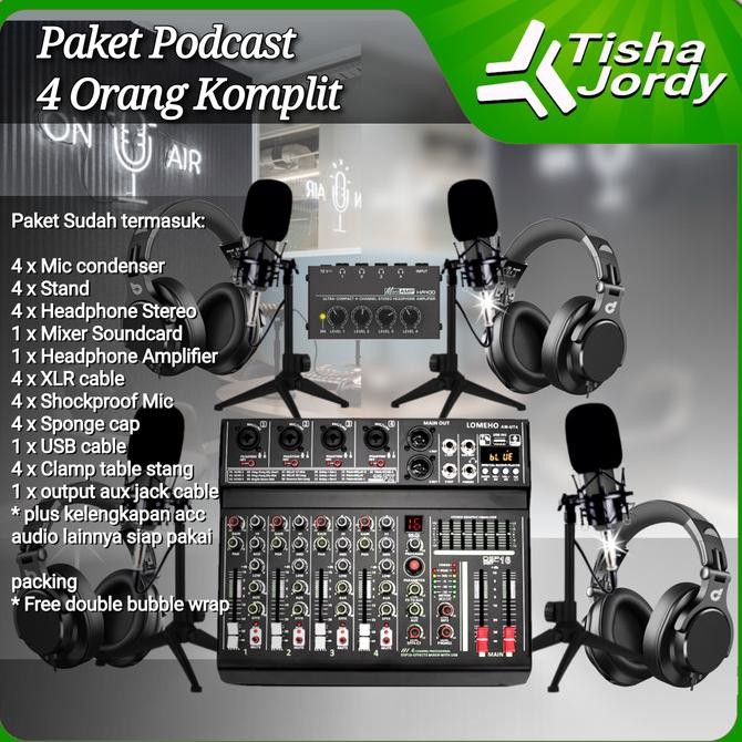 Paket Podcast 4 Orang Premium, Mic, Headphone, Mixer, Recording Berkualitas