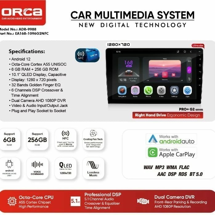 HEAD UNIT ANDROID ORCA AUTO CARPLAY 9 INCH ORCA ADR 9988 PRO+ PLUS DVR