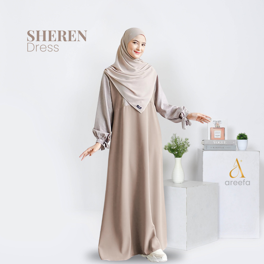 Areefa - Gamis Wanita Remaja Kekinian Sheren Dress Gamis Muslim Polos Kombinasi 2 Warna