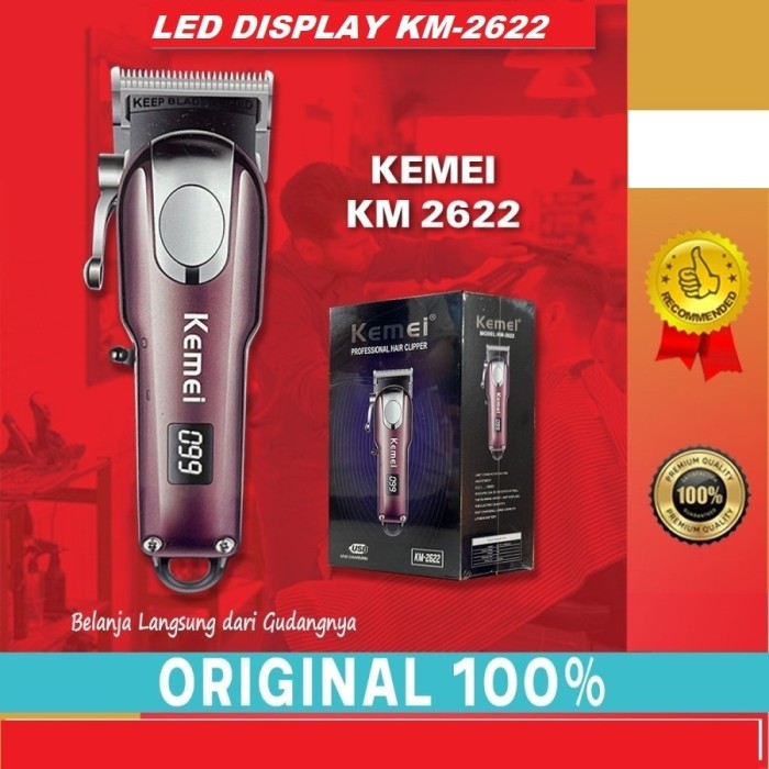 TERLARIS Hair Clipper Kemei KM 2622 Alat Cukur Pangkas Rambut Elektrik LCD -RED