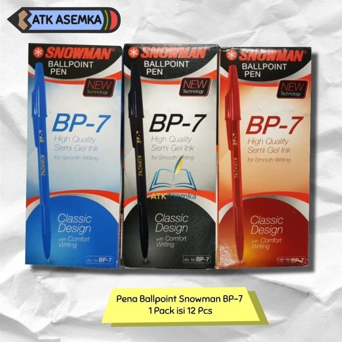 

TERMURAH PENA BALLPOINT SNOWMAN BP 7 HITAM 12PCS / PULPEN BP7 BP-7 KODE 382