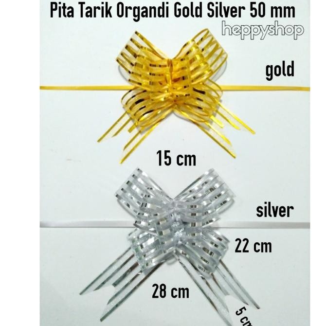 

langsung order saja] Pita Tarik Organdi Gold Silver Besar 50 mm, Pita Buket Bunga