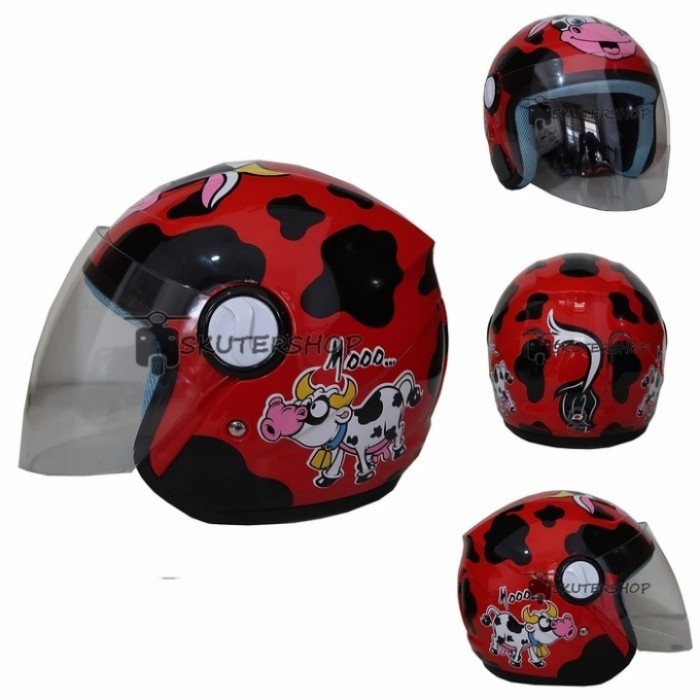 Helm Jpn Anak Motif Sapi Cow Merah Glossy