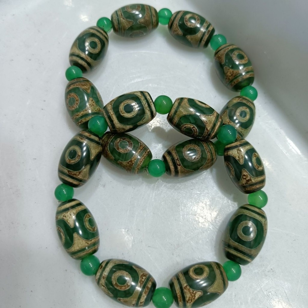 Gelang Unisex Dzi Bead Pola Skala Naga Hijau Tiga Mata Batu Akik Tua
