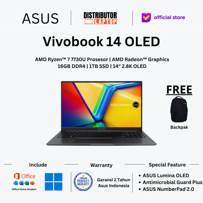 Asus Vivobook 14 Oled M1405Ya Amd Ryzen 7 7730U 16Gb 1Tb Ssd