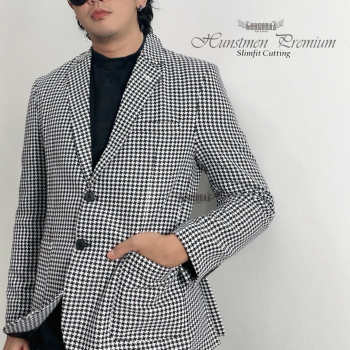 blazer pria premium motif tartan houndstooth hitam putih slimfit casual formal original realpicture