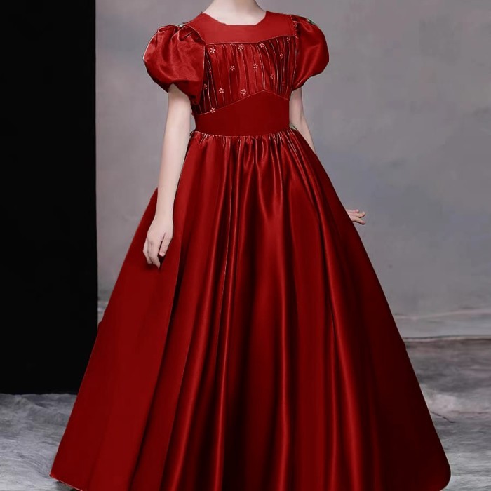 Gaun Merah Pengantin Anak Perempuan/Baju Satin Longdres Anak Perempuan