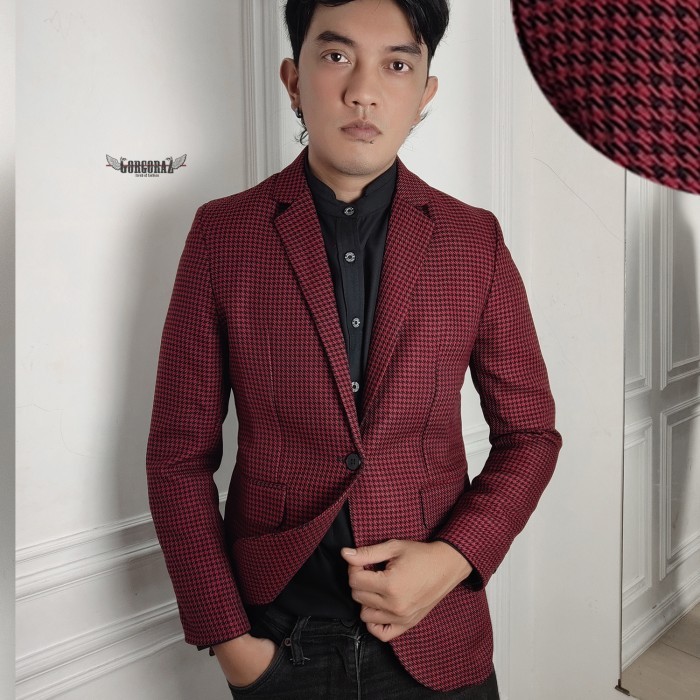 blazer pria jas pria kotak kotak tartan merah slimfit gorgoraz modern