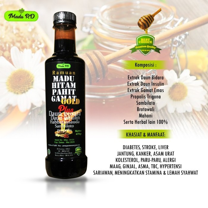 

ORIGINAL MADU RD RAMUAN HITAM PAHIT GAMAT GOLD 470 GR PLUS BIDARA INSULIN PREMIUM