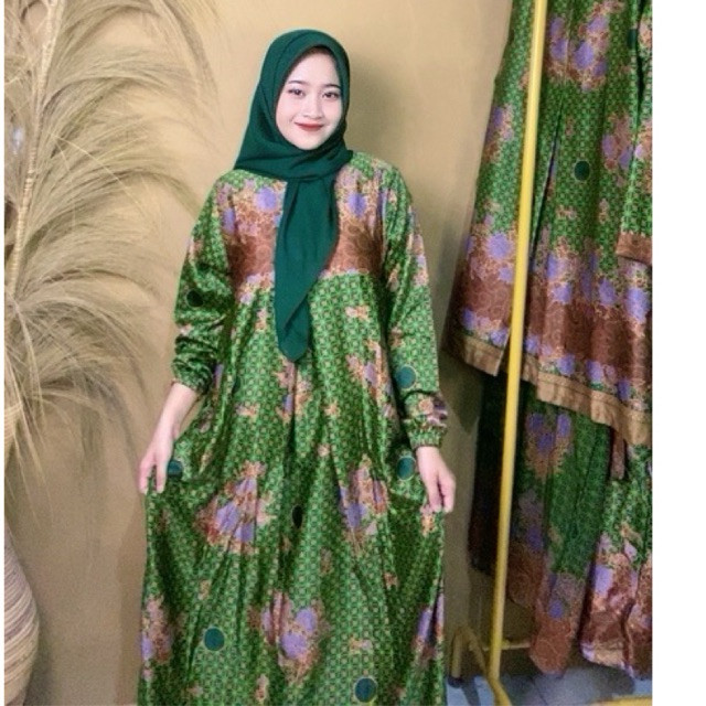 Gamis Muslimah Dress Abaya Cantik Lebaran 2025 READY STOCK  Batik Muslimat Model Mayung warna hijau 