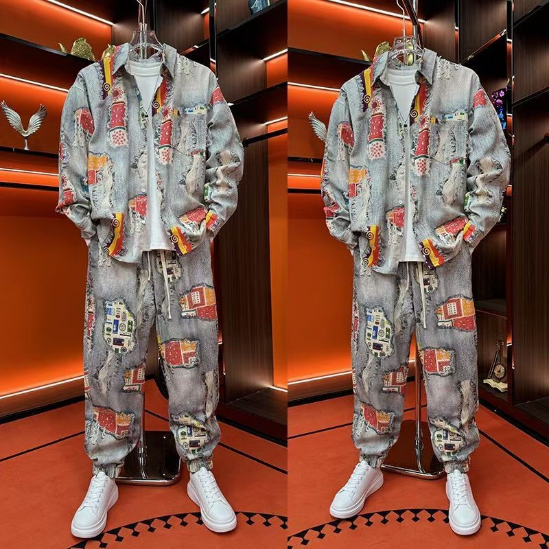 Setelan Baju & Celana Panjang Dua Potong untuk Pria, Mantel Santai Olahraga Motif Vintage, Set Kerah