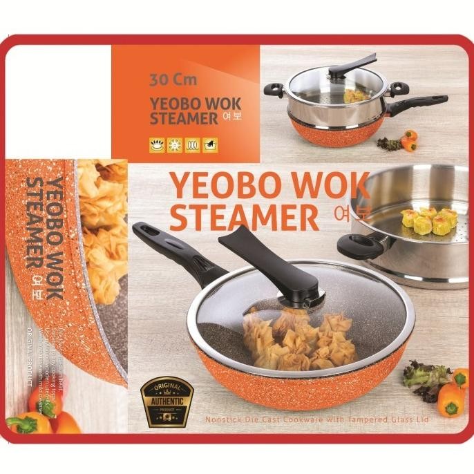 PANCI WAJAN WOK PAN NEW YEOBO GRANITE ORANGE 30CM + STEAMER /KUKUSAN