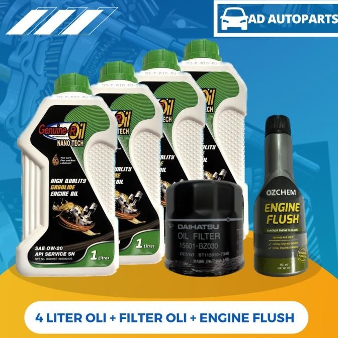 PAKET GANTI OLI DAIHATSU 0W-20 4LITER + OIL FILTER + ENGINE FLUS