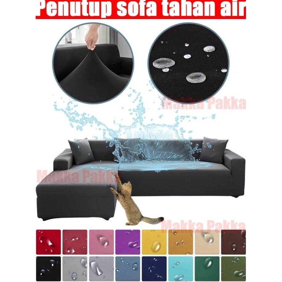 Waterproofing Sofa Cover Pattern Polos Sarung Sofa Sudut Elastis Tahan Air 1/2/3/4 Kursi Penutup Sof