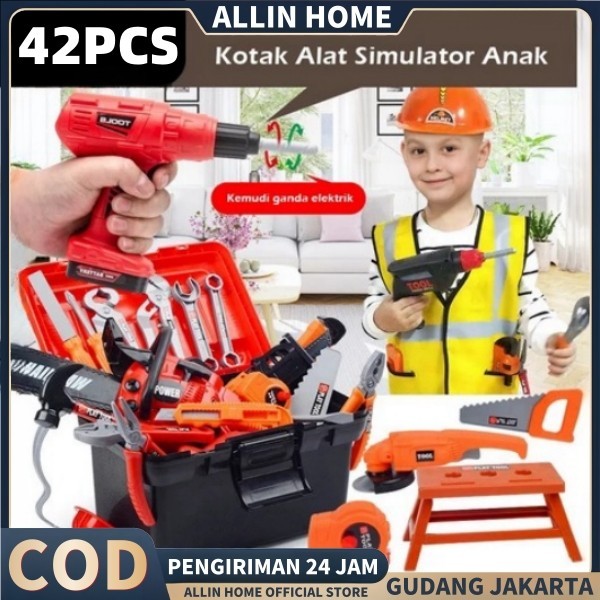 Ready Stock 42Pcs Mainan Tool Box Perkakas Dan Peralatan Bor Listrik Mainan Kotak Perkakas Set Alat