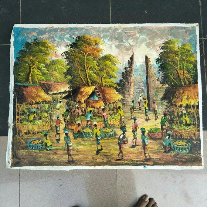 lukisan kanvas Bali pemandangan pasar dinding ruang tamu