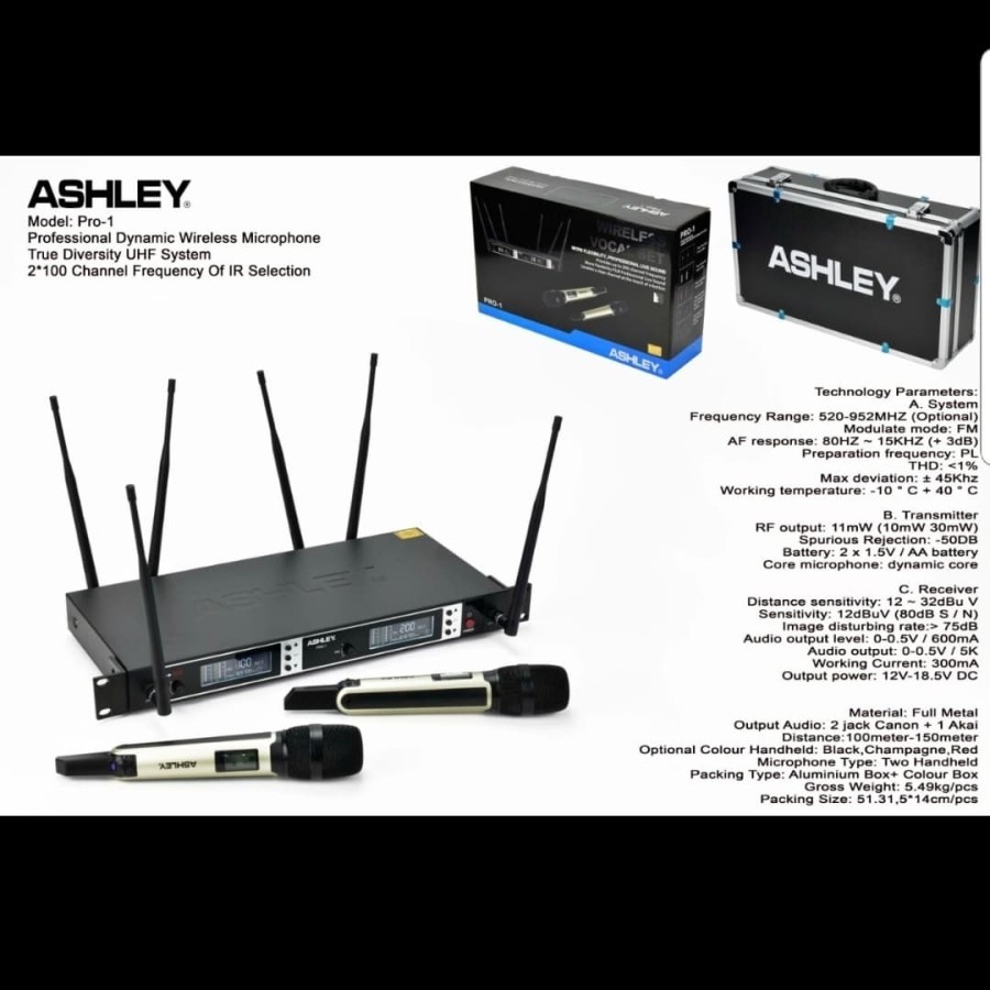 Mic Wireless ASHLEY PRO 1 PRO1 ORIGINAL 6 ANTENA FREE KOPER UHF