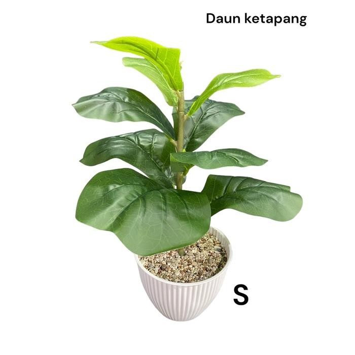Bunga Hias Artificial Ketapang Satu Set Bunga Dan Pot. Bunga Pelastik