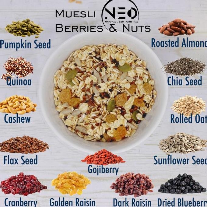 

Muesli Berries & Nut Superfood Neo 1 kg - Sereal, Sarapan Praktis dan Lengkap Almond Choco Berkualitas