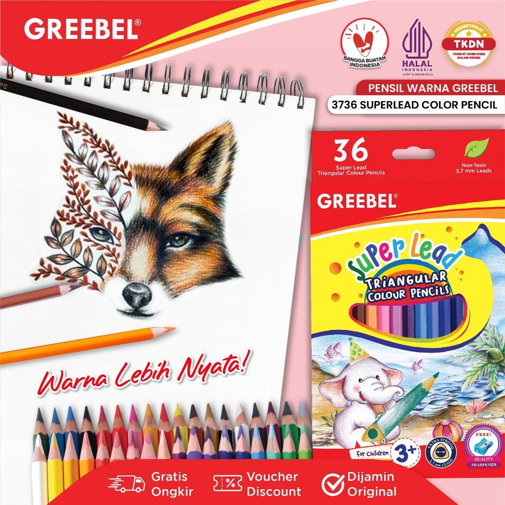 

GREEBEL Pensil Warna Warna Cerah Bahan Kuat /GREEBEL 3736 Super Lead Triangular