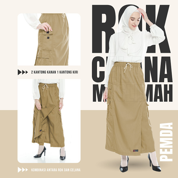 Rok Celana Muslimah Bahan Drill Warna Coklat Susu Seragam PNS ASN Rocela Casual Outdoor Hiking Size