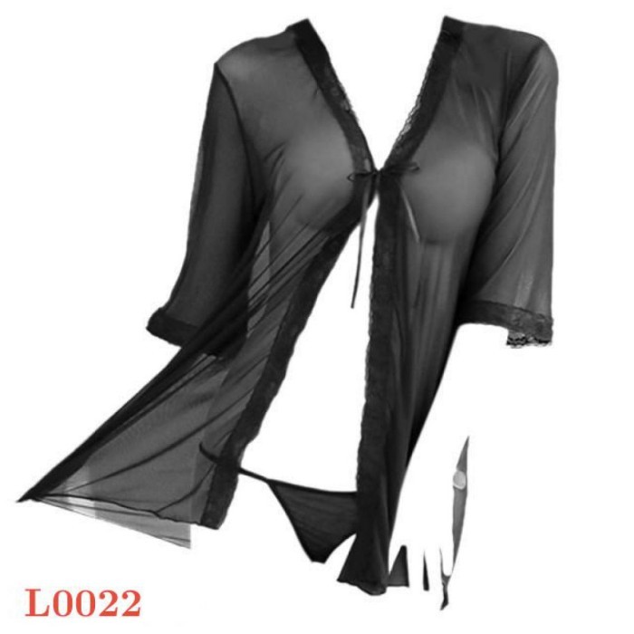 L0022 Baju Tidur Haram Sexy Robe Kimono Hitam Transparan Lengan Pendek