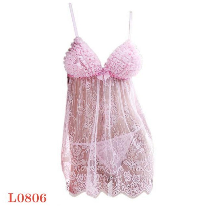 L0806 Baju Tidur Haram Sexy Babydoll Mini Dress Lace Pink Transparan