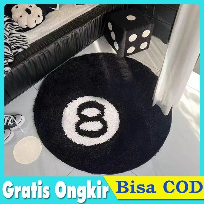 Karpet Lantai Bulu Bulat Motif Bola Billiard Nomor 8 Ruang Tamu Tidur