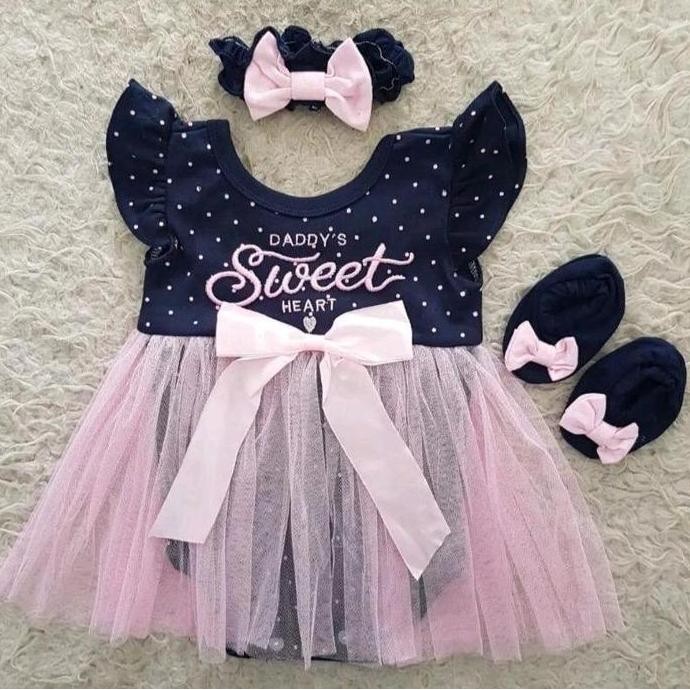 Promo Baju bayi cewek Setelan jumper dress 0 6 bulan set sepatu bando COD