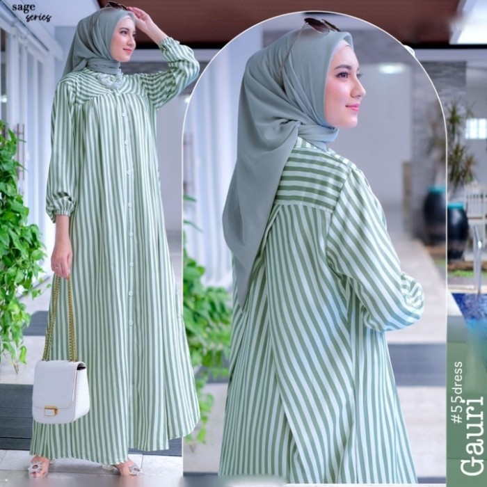 Gas Wanita Modern Remaja Dewasa LD 120 Garis Garis Maxi Dress Muslim Gauri