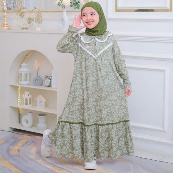 Best Seller Gamis Anak Set Jilbab , Pakaian Muslim Anak Perempuan,Kombinasi Renda Dada, Bahan Katun