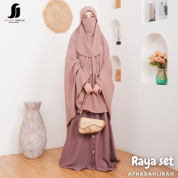 Afhadahijrah - Gamis Set Cadar Syari Raya 2 Baju Dan Jilbab Bergo Syari Free Niqab Kain Wolfis